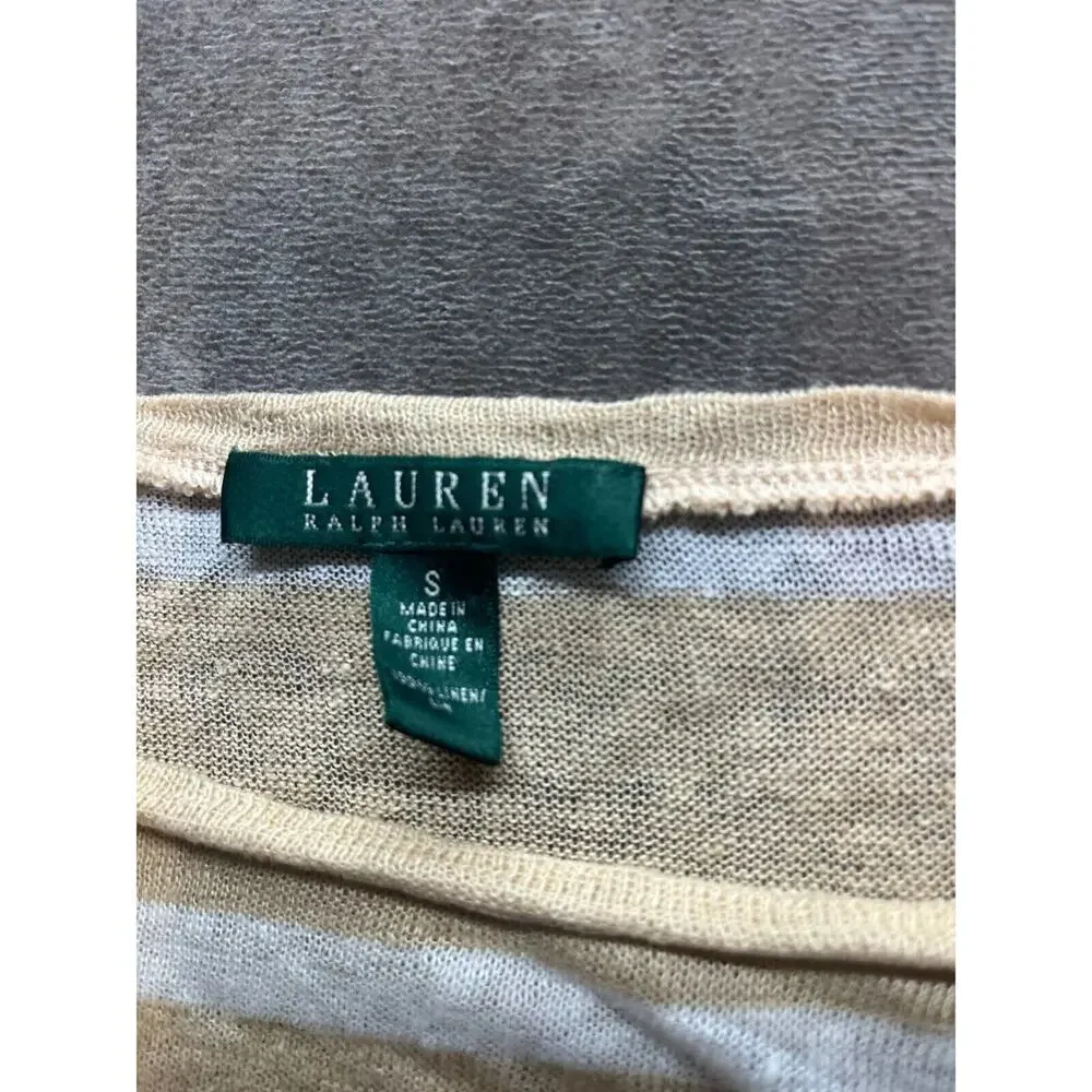 Ralph Lauren WOMEN Small LONG SLEEVE‎ SHIRT White Tan Knit Button Sleeves